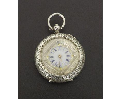 Attractive cylinder engraved fob watch, 37mm; with key. Condition Report: Movement - working.  Dial - good.  Glass - light ma