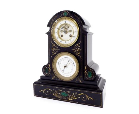 Good attractive French black slate and malachite mounted two train mantel clock with barometer, the movement striking on a be