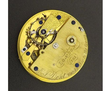 E.J Dent fusee chronometer pocket watch movement, signed three-quarter top plate with detent escapement and helical hairsprin