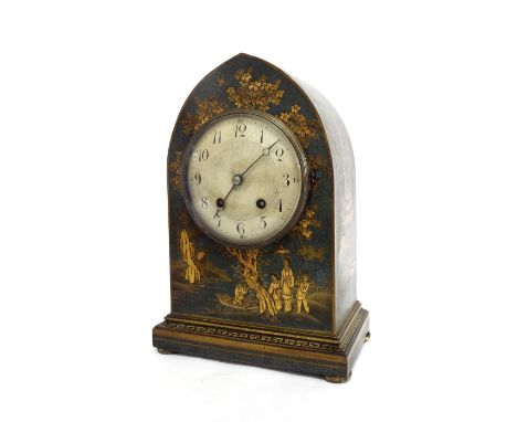 French blue lacquer and chinoiserie decorated two train lancet mantel clock striking on a gong, the 5" convex silvered dial d