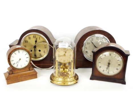 Bentima torsion clock, oak three train mantel clock and three others (5)