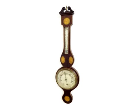 Mahogany and inlaid banjo barometer/thermometer, the 8" cream dial within a chevron banded case inlaid with paterae and conch