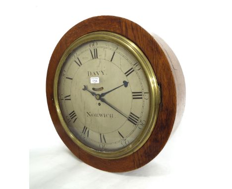 Large single fusee wall dial clock with A-frame movement, the 17" silvered dial signed Davy, Norwich, within a later oak case
