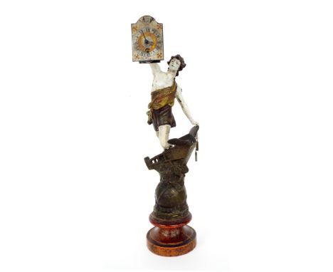 Novelty German painted spelter clock emblematic of aviation, modelled as a semi-robed man holding aloft a clock and supported