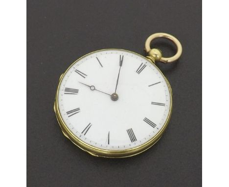 Continental 18k cylinder fob watch, frosted gilt bar movement, the dial with Roman numerals and moon hands, engine turned cas