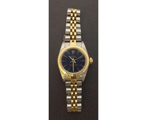 Rolex Oyster Perpetual gold and stainless steel lady's bracelet watch, ref. 76193, circa 1998, serial no. Axxxxxx, the blue d