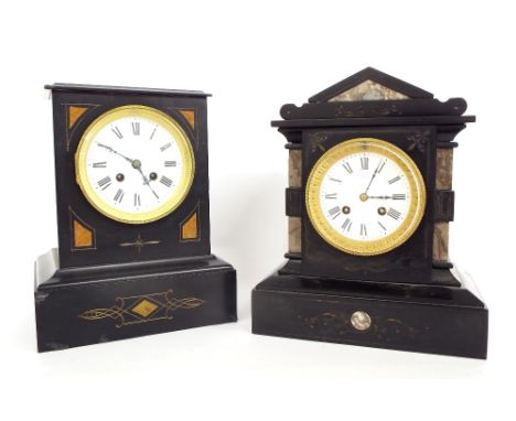 Black slate and grey marble two train mantel clock striking on a bell, the 3.5" white dial signed E. Hallam, Paris, within an