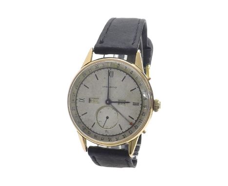 Rare Movado 1940s 18k pink gold triple calendar gentleman's wristwatch, ref. R4806, silvered dial with outer date chapter, ba