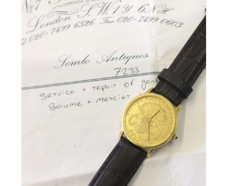 Rare Baume & Mercier 18k 20$ USA coin gentleman's wristwatch, double eagle dial with black hands, BM12800 micro-rotor 30 jewe