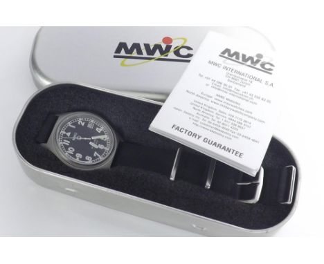 MWC G10 Military 100m automatic stainless steel wristwatch, ser. no. 0846/2500, circular black dial with bold luminous Arabic