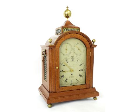 Good English oak triple fusee musical bracket clock, the six pillar movement with engraved back plate signed James McCabe, Ro
