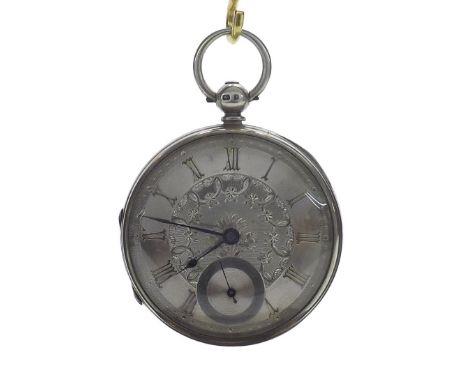 Silver fusee lever pocket watch, London 1928, plain unsigned movement, no. 31266, with foliate engraved balance cock, steel t