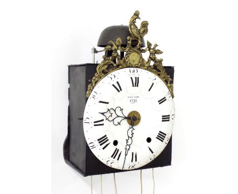 Early Comptoise two train wall clock with alarm, the 9.5" white enamel dial with central alarm dial, surmounted by a brass cr