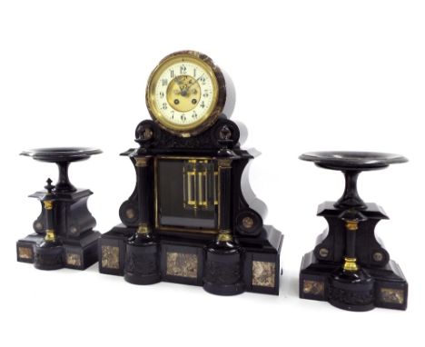 Good French black slate and grey marble drumhead two train mantel clock garniture, the Japy Freres movement with outside coun