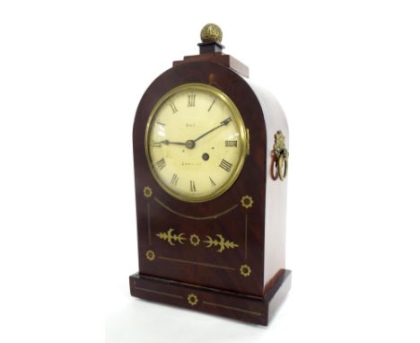 Mahogany single fusee mantel clock, the 5" dial signed Day, London within a rounded arched brass inlaid case surmounted by a 