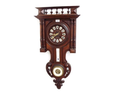 French mahogany two train wall clock with barometer and thermometer, the 6" wooden dial with Roman cartouche enamel numerals 