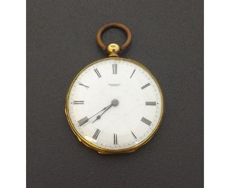 Gouvernon, Geneve 18k cylinder fob watch, signed bar movement and dial in an engine turned case, 28.9gm, 35mm (at fault). Con