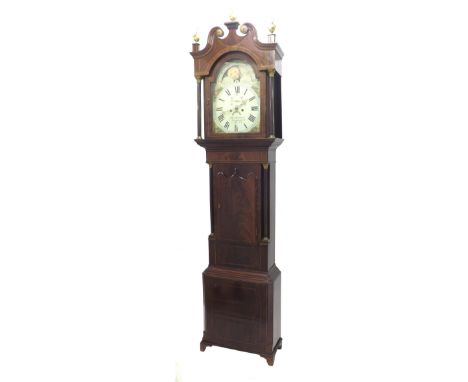 Mahogany eight day musical longcase clock playing on eight bells, the 14" painted arched dial signed Thomas Leadbeater, Sandb