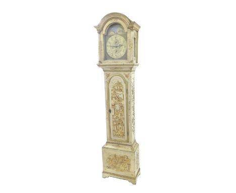 Cream chinoiserie decorated eight day longcase clock, the 12" brass arched dial with brass chapter ring enclosing a foliate e