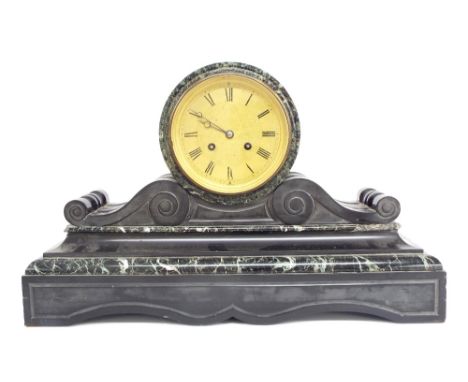 Large French black slate and green marble drumhead two train mantel clock striking on a bell, the 5.25" gilt metal chapter ri