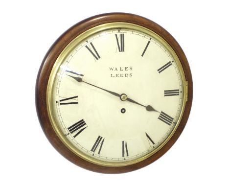 Mahogany single fusee 12" convex wall dial clock signed Wales, Leeds, within a turned surround (pendulum and key)
