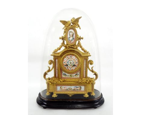 French gilt metal and porcelain mounted two train mantel clock, the Japy Freres & Cie movement striking on a bell, the 3.5" s