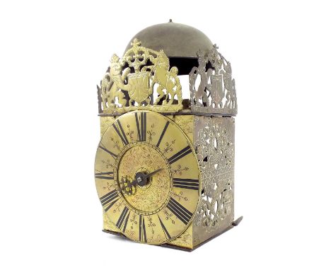 English brass hook and spike lantern clock, the 6.5" brass chapter ring signed Walter Archer enclosing a foliate engraved cen