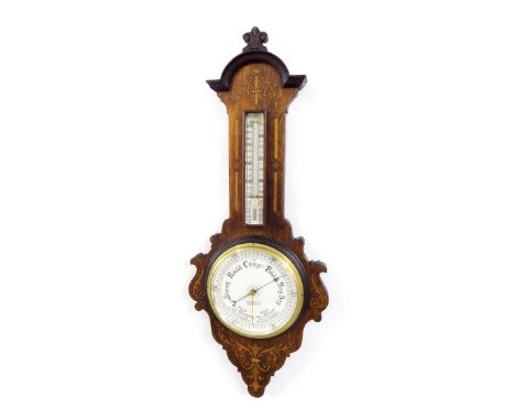 Rosewood inlaid barometer/thermometer, the 8" cream dial signed Finnigans Limited, Manchester, within a foliate inlaid shaped