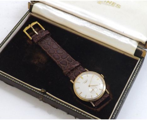 Longines/Baume 9ct gentleman's wristwatch, London 1959, silvered dial with baton markers, centre seconds and date aperture, c