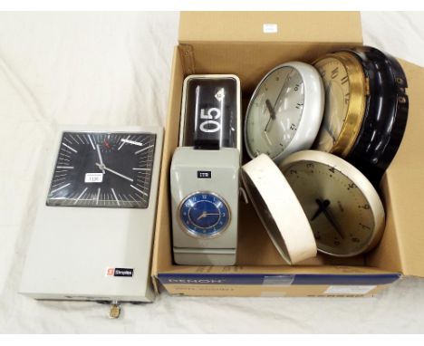 Simplex quartz electric master clock, within a light grey case, 15" high; also six various electric clocks (7)