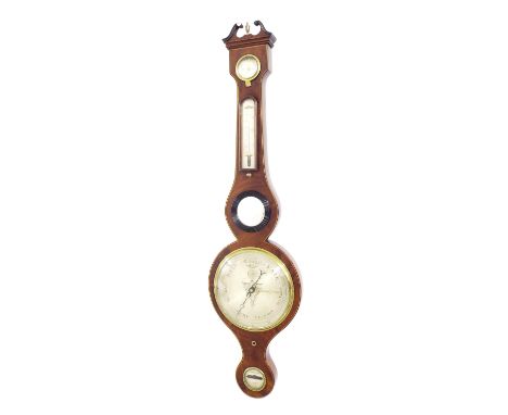 Mahogany five glass banjo barometer, the 8" silvered dial within a shaped boxwood banded case surmounted by a swan neck pedim