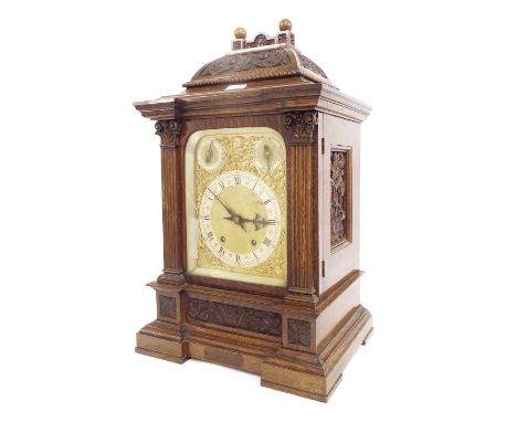 Large oak two train ting-tang bracket clock, the W & H movement striking on two gongs, the 7.5" gilt metal dial with silvered