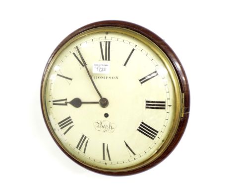Mahogany single fusee 12" convex dial wall clock signed Thompson, Bath, within a turned surround (pendulum and key)