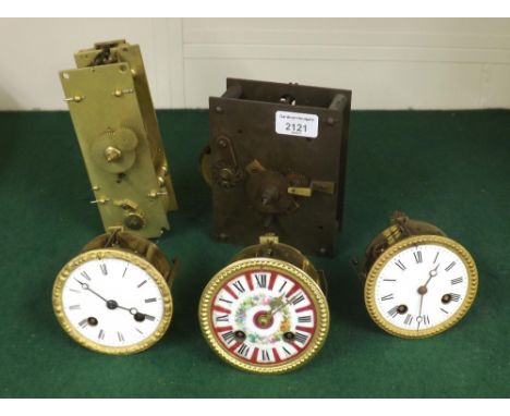 Good fusee verge movement; also another fusee movement and three two train French circular mantel clock movements (5)