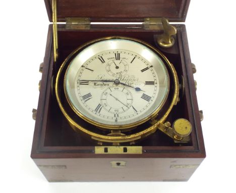 Two day marine chronometer, the 3.75" silvered dial signed Swann Whiffin, No. 352, with subsidiary seconds and state of wind 