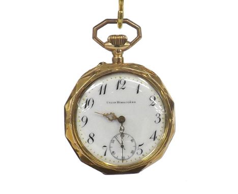 Continental 14k cylinder pocket watch, unsigned gilt frosted bar movement, the white dial with Arabic numerals, fancy gilt ha