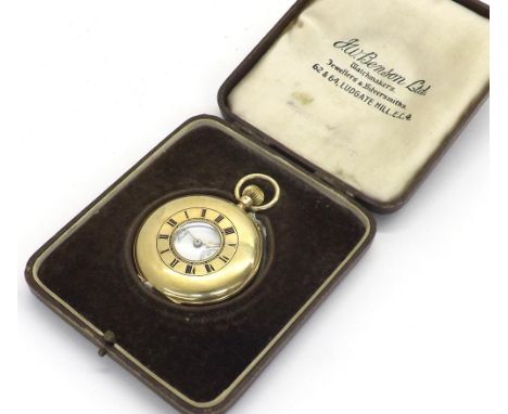 J.W. Benson 9ct lever half hunter pocket watch, London 1929, signed three-quarter plate gilt frosted movement inscribed 'The 