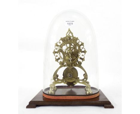 Brass single fusee skeleton clock, the 5" pierced silvered chapter ring upon shaped supports to a later stepped rectangular c