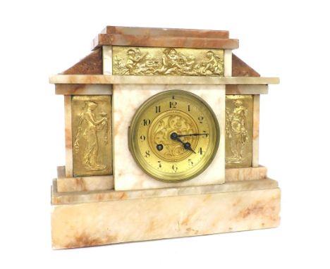 French pink and white onyx two train mantel clock striking on a gong, the 3.75" concave dial signed Cunningham, Paris, within