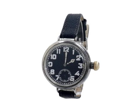 Silver wire-lug officer's wristwatch, Birmingham 1914, black dial with bold white Arabic numerals, minute track and subsidiar