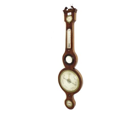 Mahogany five glass banjo barometer, the 8" silvered dial within a shaped case inlaid with boxwood lines and surmounted by a 