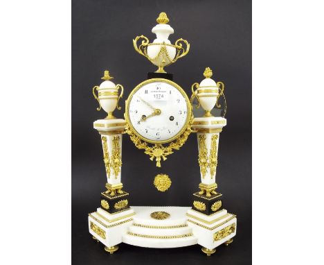 Louis XVI black and white marble portico two train mantel clock, the 4.75" white enamel dial signed Gavelle Le á Paris, withi