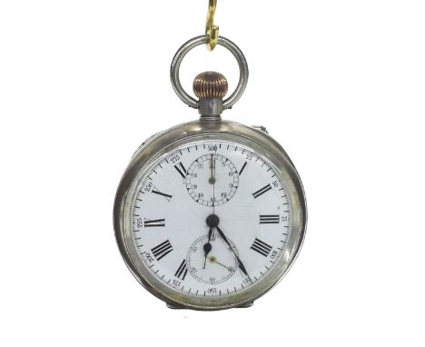 Silver (0.935) lever centre second chronograph pocket watch, gilt frosted movement, the dial with Roman numerals, outer 25/30