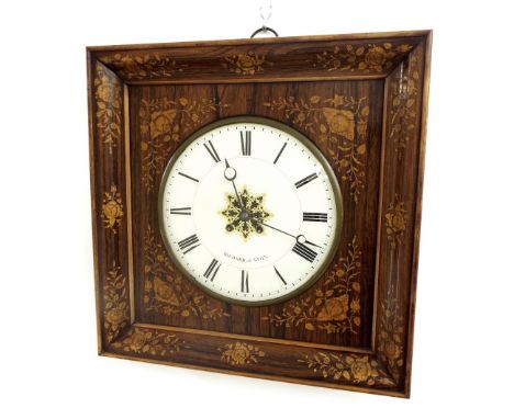 Good rosewood and marquetry inlaid vineyard style two train wall clock, the 13" cream dial with central gilded star motif, si