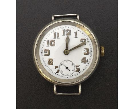 Silver wire-lug officer's wristwatch, import hallmarks London 1917, the dial with Arabic numerals, minute track and subsidiar