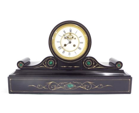 Good French black slate and malachite inset drumhead two train mantel clock, the S. Marti movement striking on a bell, the 5.