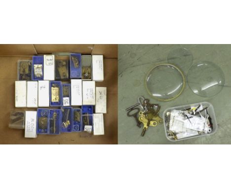 Quantity of platform escapements; together with a small quantity of clock hands, clock keys and two clock glasses