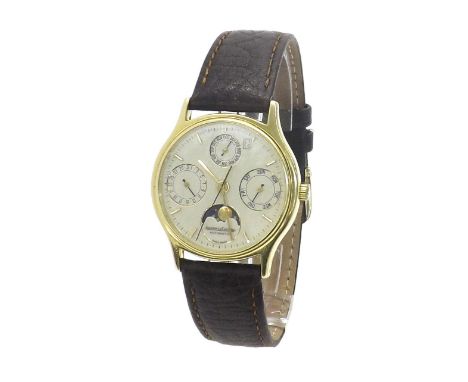 Jaeger-LeCoultre Perpetual Calendar automatic 18k gentleman's wristwatch, ref. 141.140.1, the cream dial with gilt baton mark