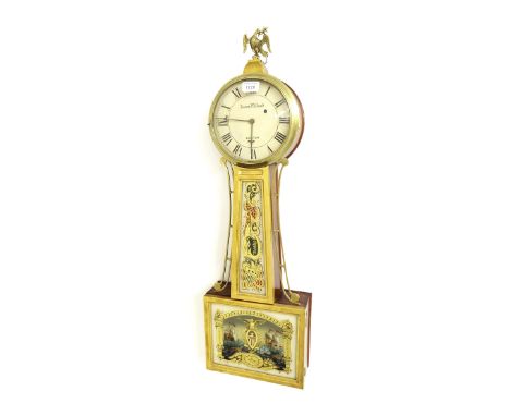 American mahogany banjo wall clock, the 7" cream dial signed Aaron Willard, Boston, within a drumhead surround over a painted