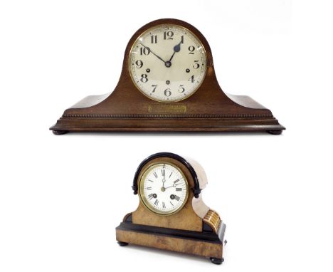 Large Napoleon hat three train oak mantel clock with W. & H movement striking Westminster chimes on five rods, within an oak 